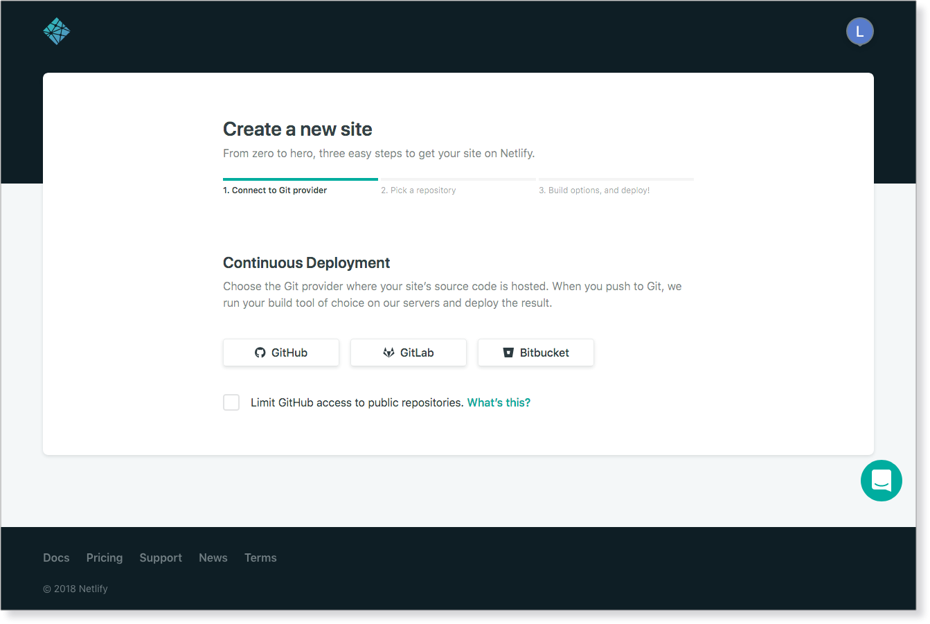 step 4: Select Git provider to give Netlify permissions to repositories