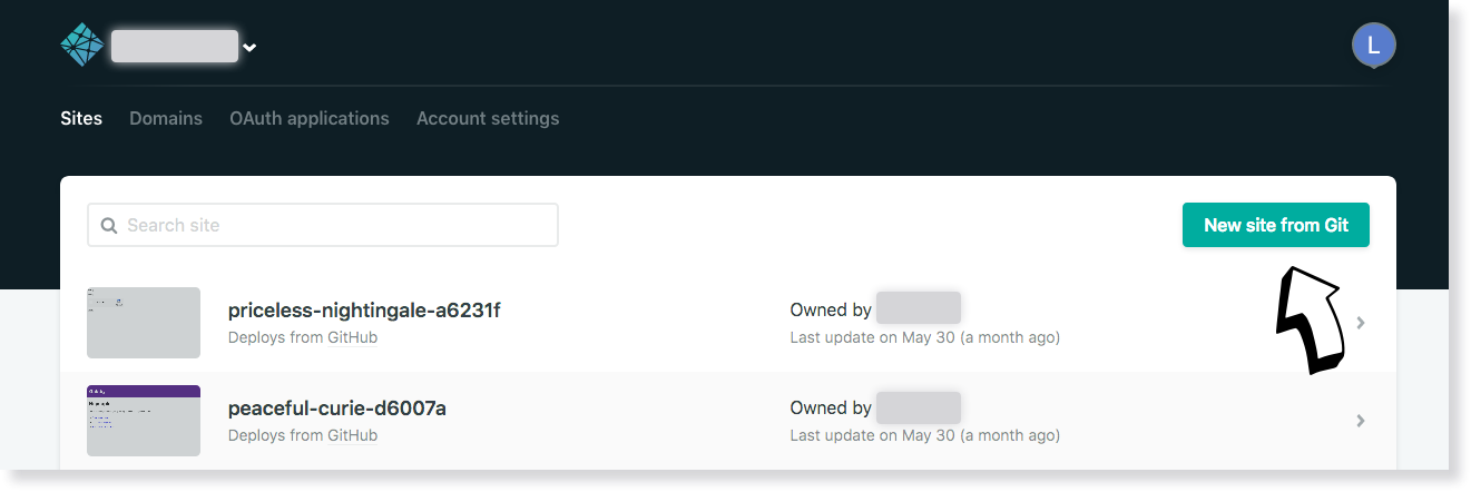 step 3: Create a new site from git